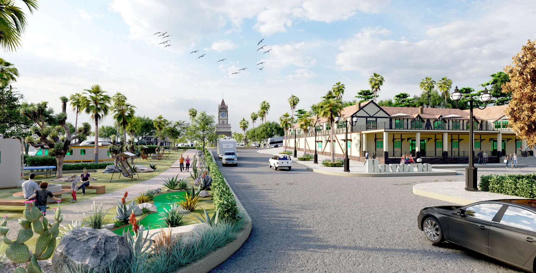 Desert-themed RV resort with palm trees and urban-style buildings