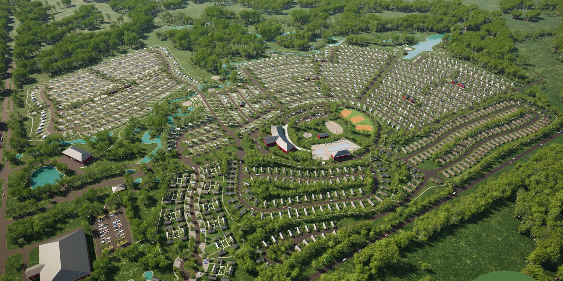 Expansive outdoor hospitality development with RV spaces and green corridors