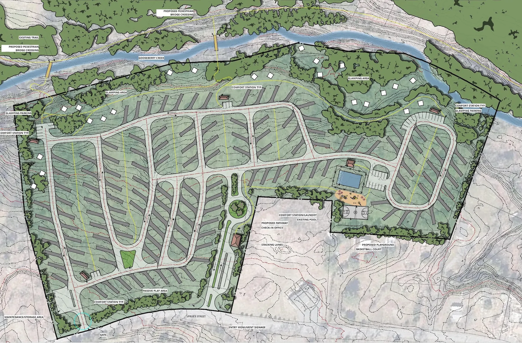 A detailed site plan showcasing an eco-conscious outdoor hospitality project, including pedestrian pathways, camping areas, and natural buffer zones.