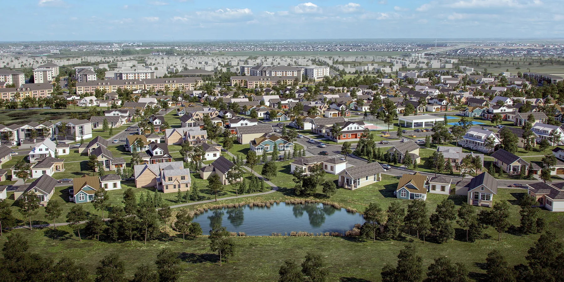 Aerial rendering of a master planned community designed by Nadi Group