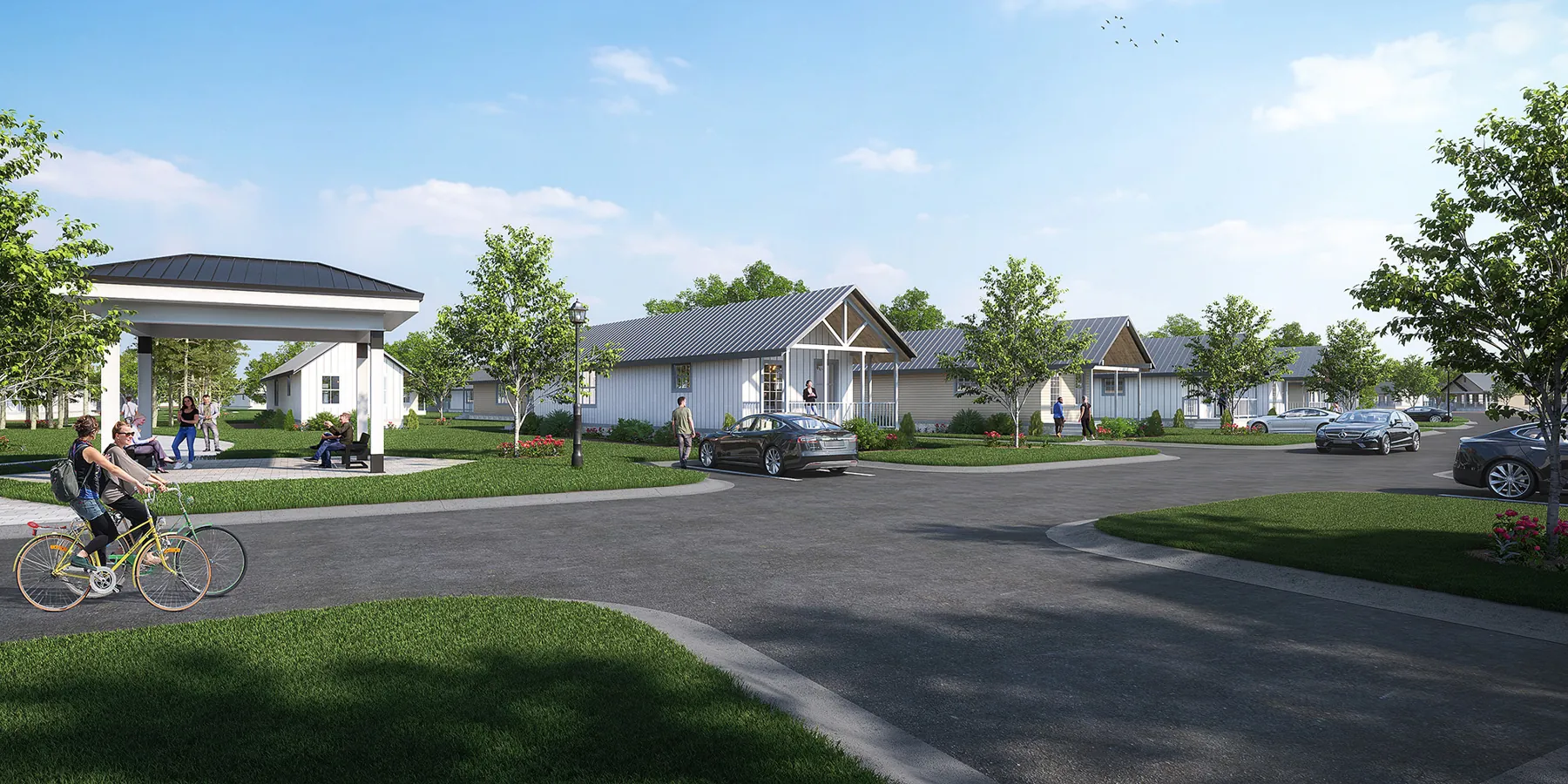 Rendering of a modern, mixed-use, walkable community development