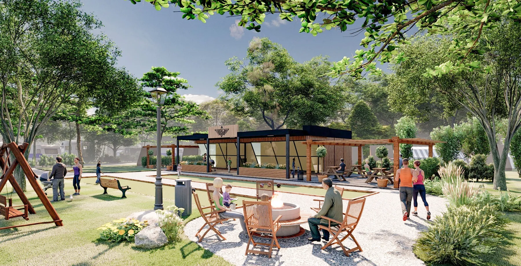 Rendering of a mixed-use RV park with several guest ammenities