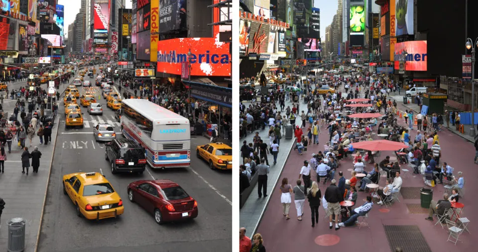 Times Square with vehicles vs without, as a pedestrian space