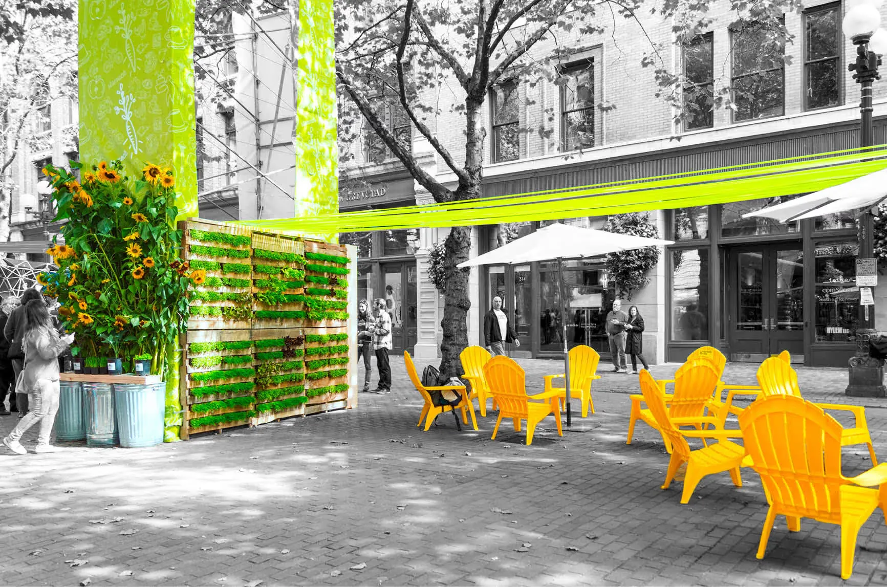 A yellow chair with a green plant in front of it.