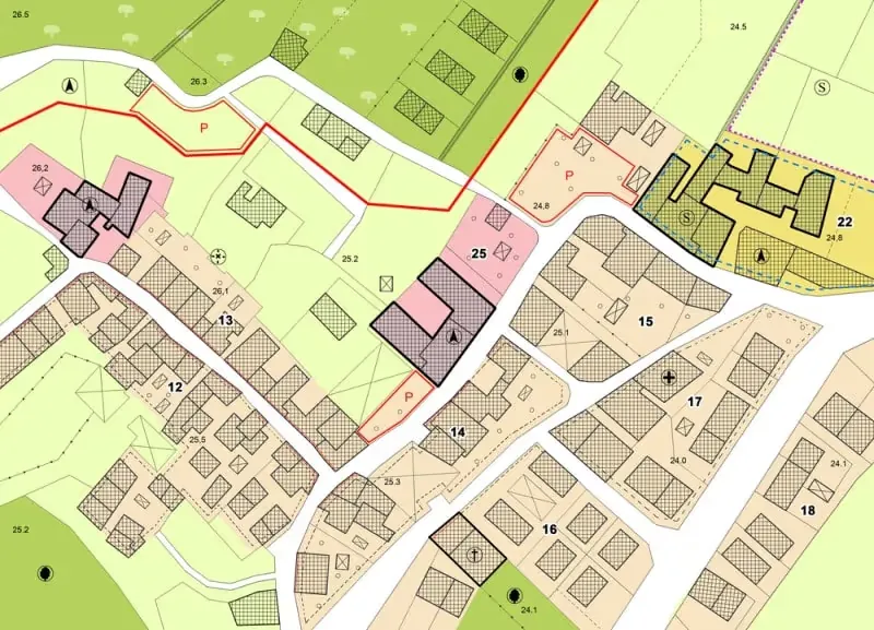 A map of a town with a number 19 on it.