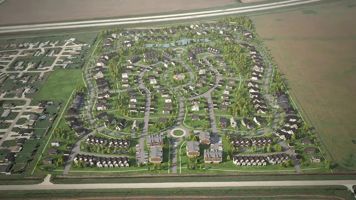 Aerial rendering of the Stony Mountain secondary plan, with curving streets of homes around a pond beside farmland.