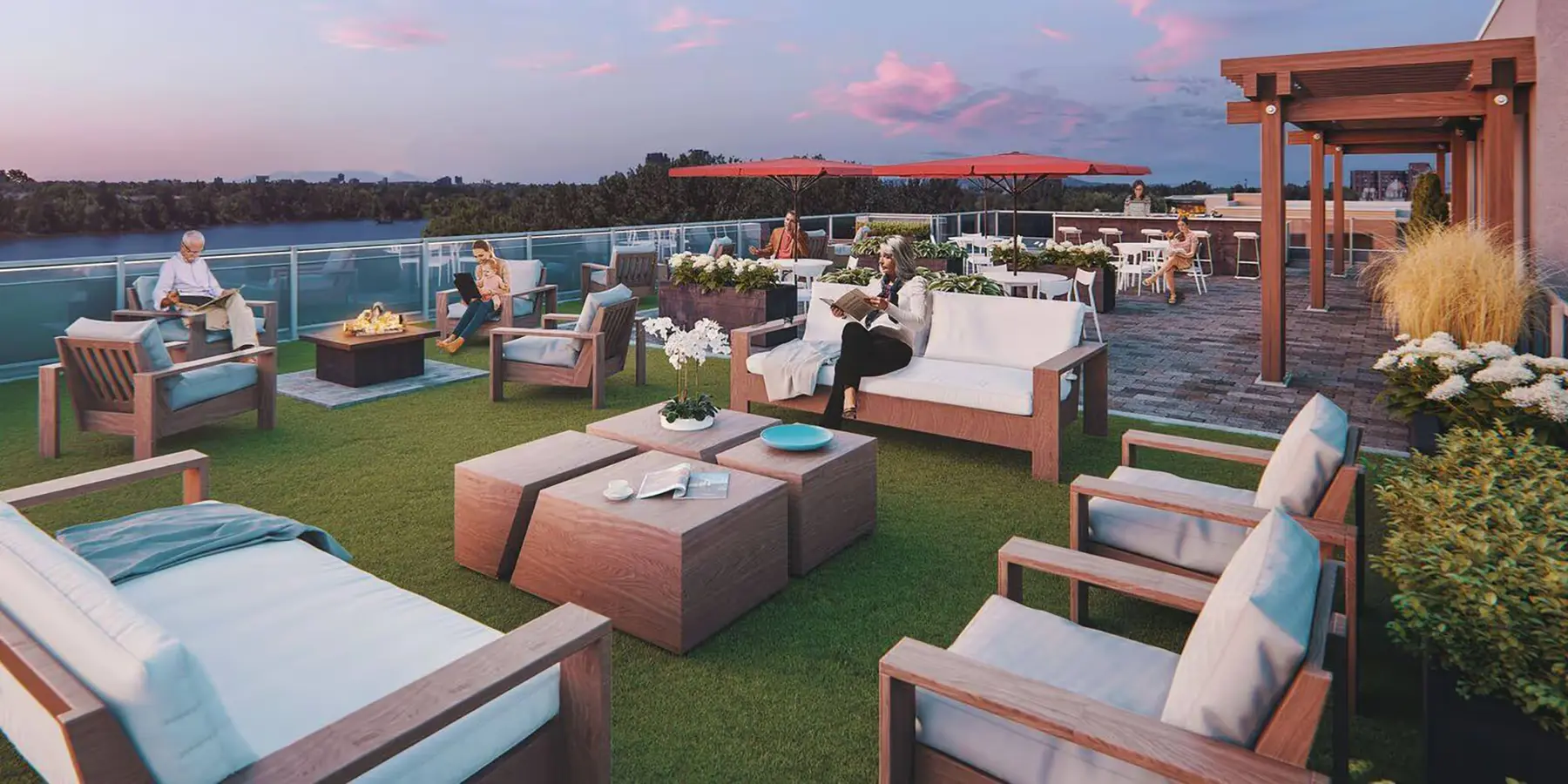 Rendering of a rooftop terrace with lounge seating, a fire table, planters, a timber pergola and bar seating, overlooking a river at dusk.