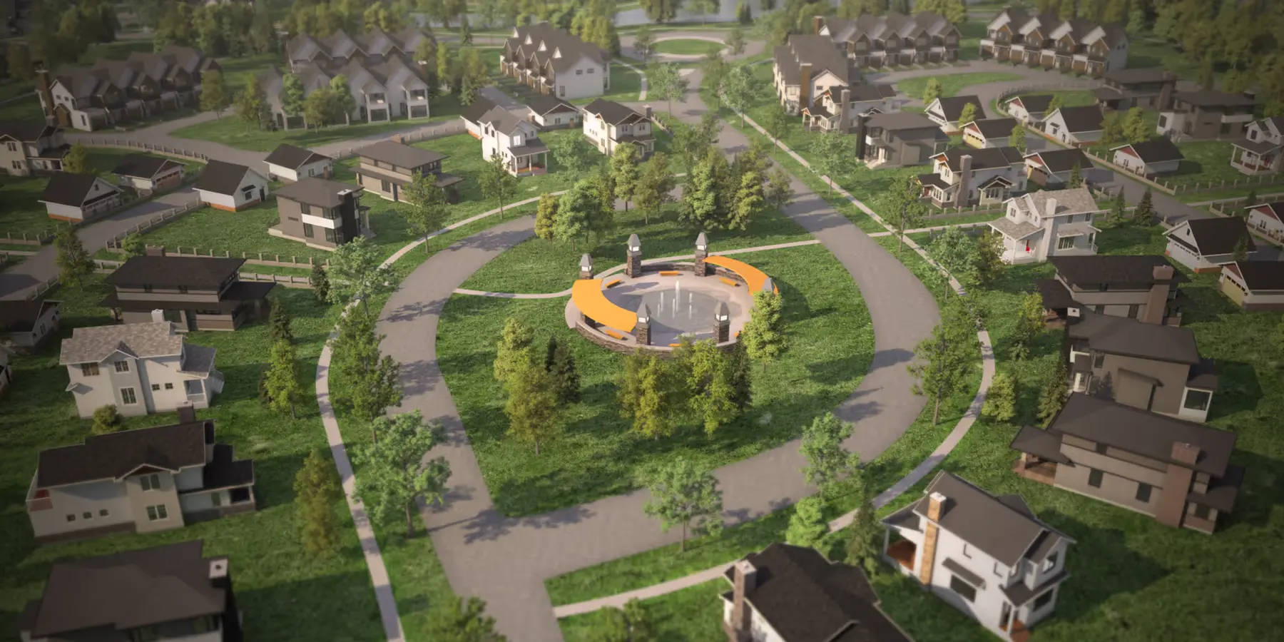 Aerial rendering of a neighbourhood park with a circular fountain and orange seating ring at the end of a curved street, surrounded by two-storey houses and trees.