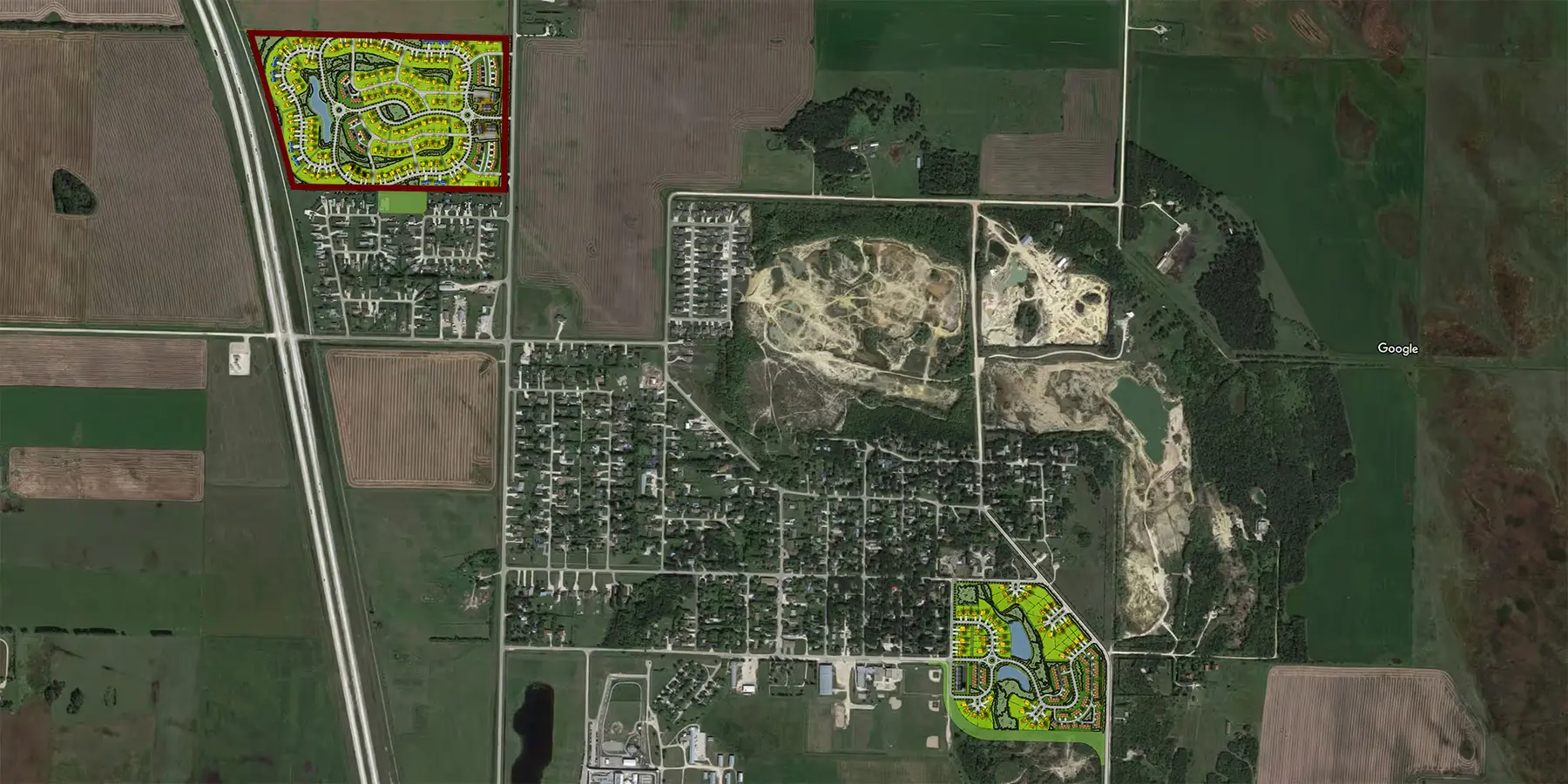 Satellite view locating the planned neighbourhood outlined in red at the northwest edge of the town beside the highway, with a second planned area to the southeast.
